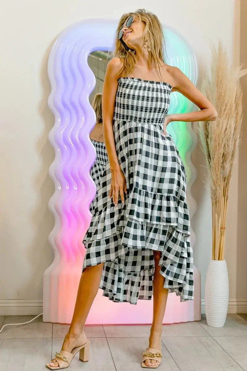 BiBi Smocked Body Off Shoulder Check Dress for Women - Love Salve